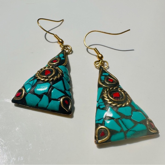 Jewelry - Turquoise and Coral Mosaic Brass Triangle Earrings